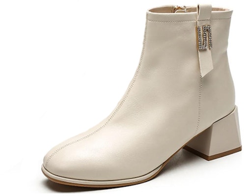 (Women) Exull Yi Si Q Leather Comfort Chunky Heel Zip Ankle Boots 'Beige' 1218602271 Buy (Women) Exull Yi Si Q Leather Comfort Chunky Heel Zip Ankle Boots 'Beige' 1218602271