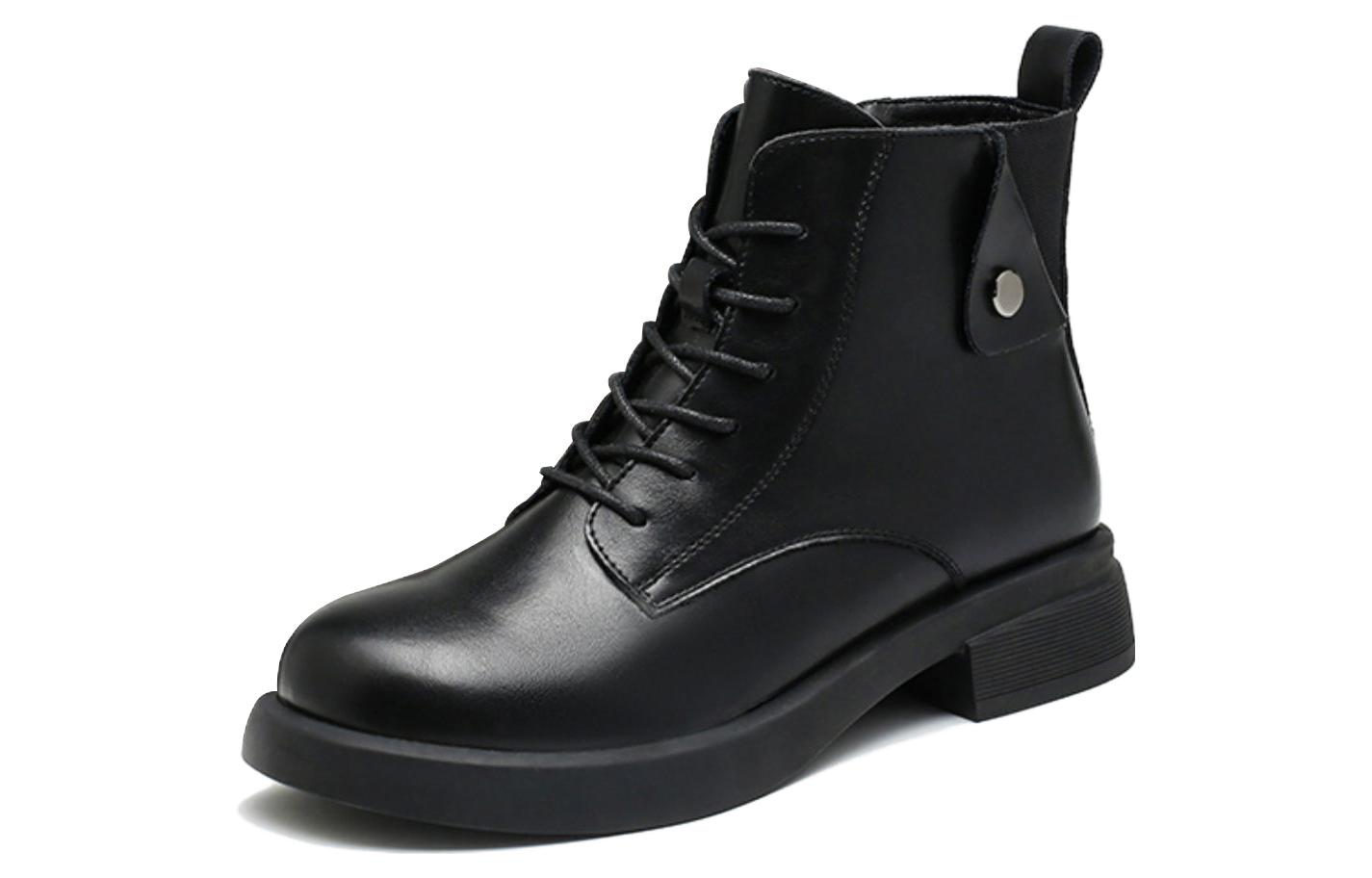 (W) Exull Yi Si Q Leather Short Mid-Cylinder Boots 'Black Fashion'