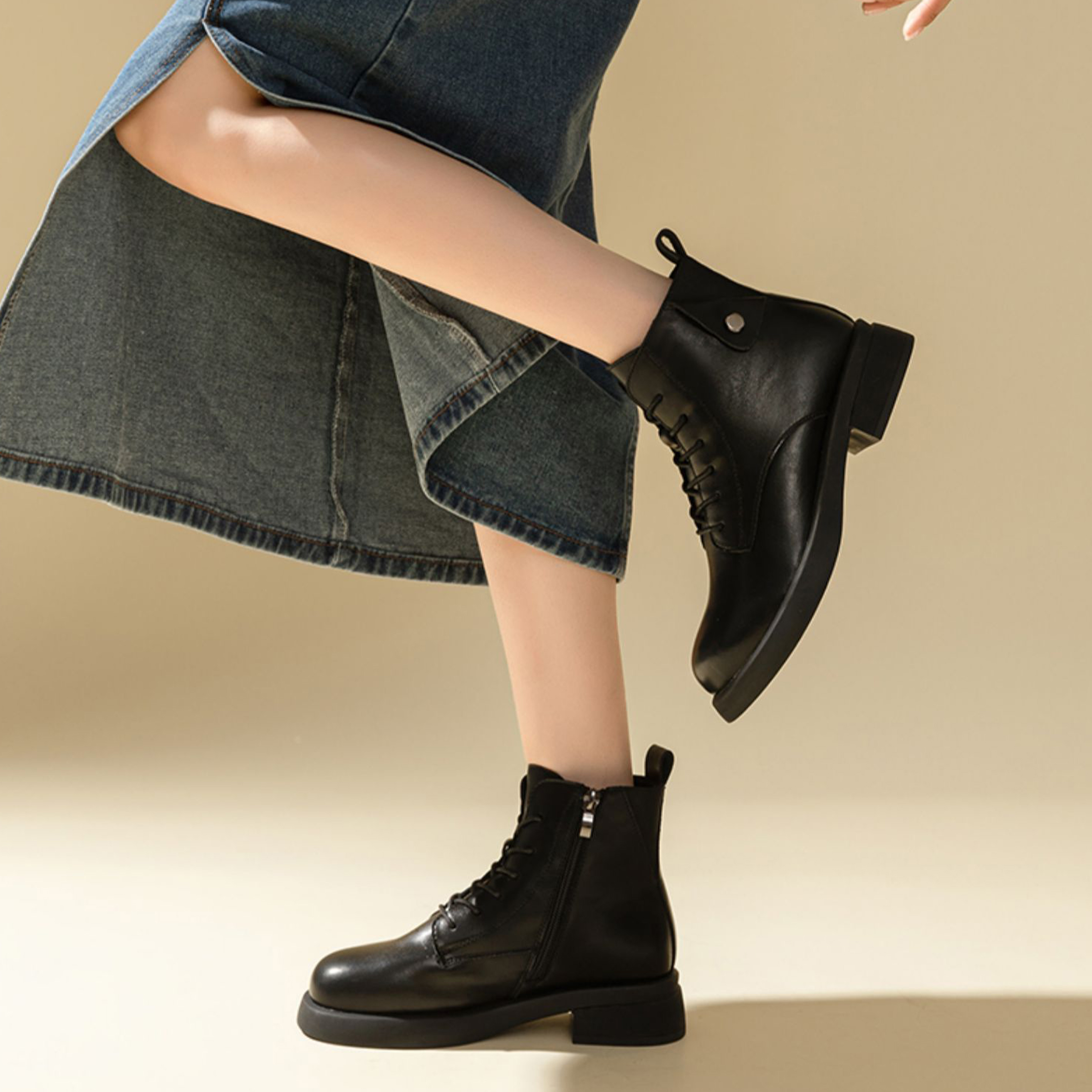 (W) Exull Yi Si Q Leather Short Mid-Cylinder Boots 'Black Fashion' 圖 4