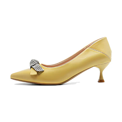 (W) Exull Yi Si Q Synthetic Leather Slip-On 5cm Heels 'Yellow Bow Tie'