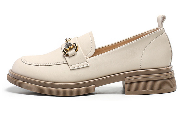 (W) Exull YiSi Q 'Beige British Style Chunky Heel Loafers with Metal Buckle'