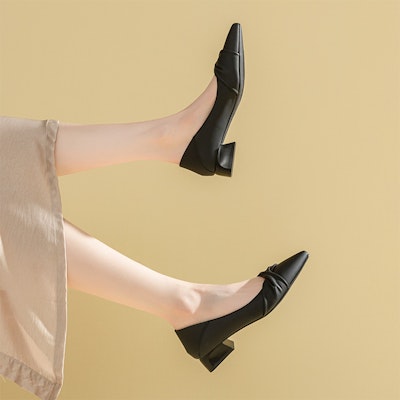 尖頭套腳百搭 EXULL 依思Q 工作鞋 皮革 工作鞋女 法式淺口粗跟一腳蹬 休閒單鞋 3cm 女款 4