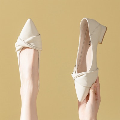 尖頭套腳百搭 EXULL 依思Q 工作鞋 皮革 工作鞋女 法式淺口粗跟一腳蹬 休閒單鞋 3cm 女款 8