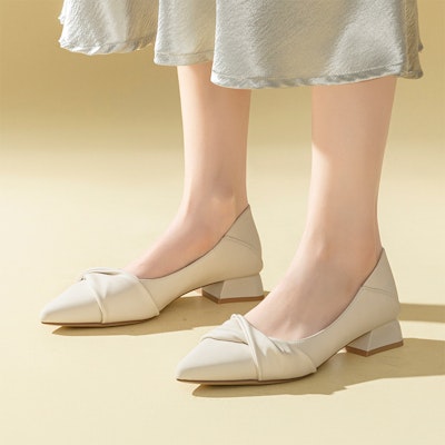 尖頭套腳百搭 EXULL 依思Q 工作鞋 皮革 工作鞋女 法式淺口粗跟一腳蹬 休閒單鞋 3cm 女款 10