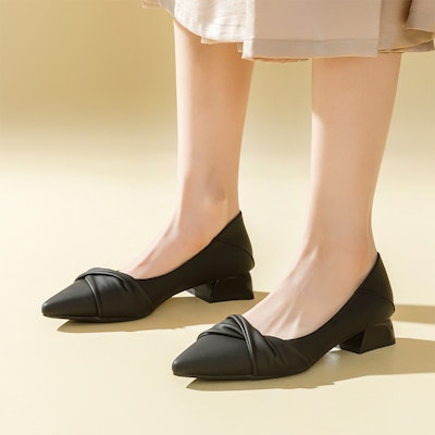 尖頭套腳百搭 EXULL 依思Q 工作鞋 皮革 工作鞋女 法式淺口粗跟一腳蹬 休閒單鞋 3cm 女款 1