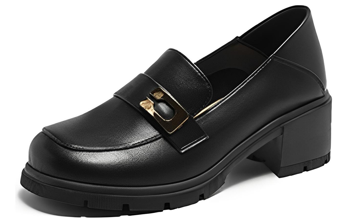 (W) Exull Yisi Q Synthetic Leather British Chunky Heel Round Toe Slip-On High Heels 'Black'
