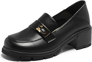 (Women) Exull Yisi Q Synthetic Leather British Chunky Heel Round Toe Slip-On High Heels 'Black' 1315102160 (Women) Exull Yisi Q Synthetic Leather British Chunky Heel Round Toe Slip-On High Heels 'Black' 1315102160