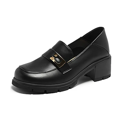 (W) Exull Yisi Q Synthetic Leather British Chunky Heel Round Toe Slip-On High Heels 'Black'