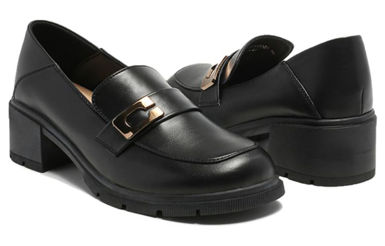 (W) Exull Yisi Q Synthetic Leather British Chunky Heel Round Toe Slip-On High Heels 'Black' 圖 2