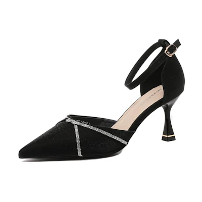 (W) Exull YiSiQ Heels 7cm 'Black Rhinestone Satin Stiletto'