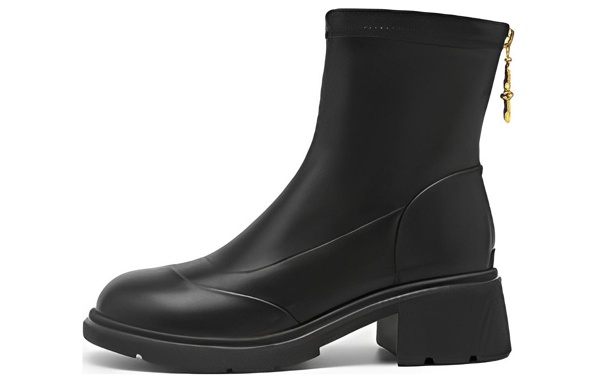 (W) Exull YiSiQ Leather Ankle Boots 'Warm Black Velvet High Heel'