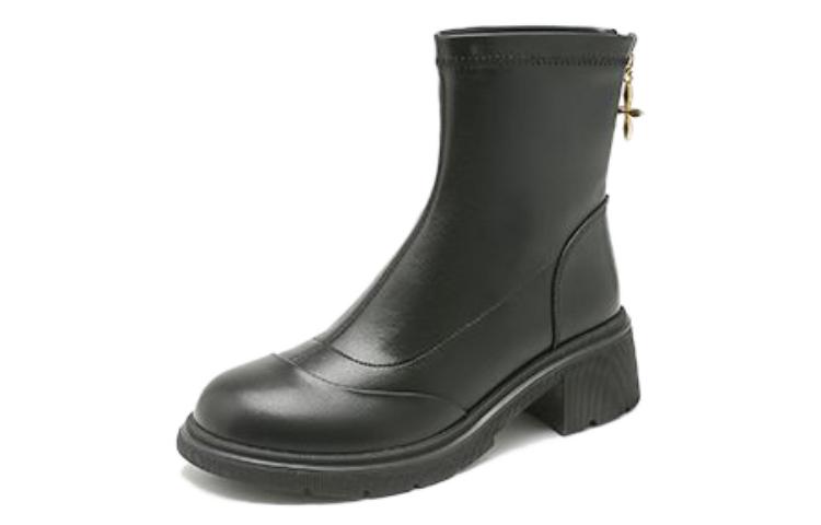 (W) Exull YiSiQ Leather Ankle Boots 'Warm Black Velvet High Heel' 圖 2