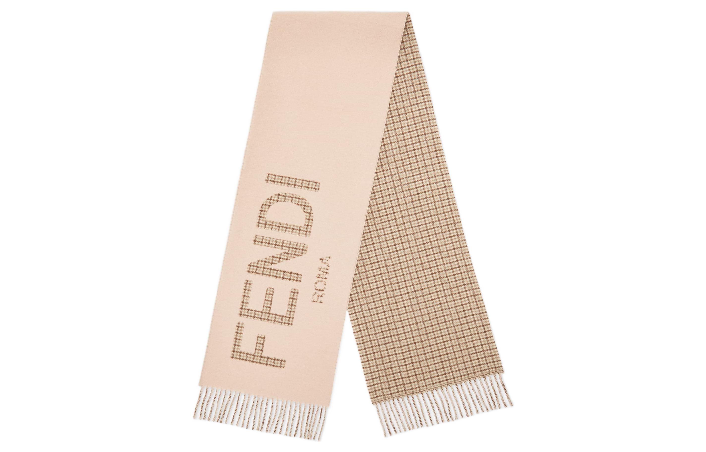 (Women) FENDI  Beige Knitted Scarf with Letter Print and Plaid Design. FXT334AHR1F0QD1