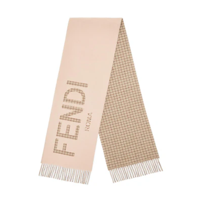 (Women) FENDI Beige Knitted Scarf with Letter Print and Plaid Design. FXT334AHR1F0QD1