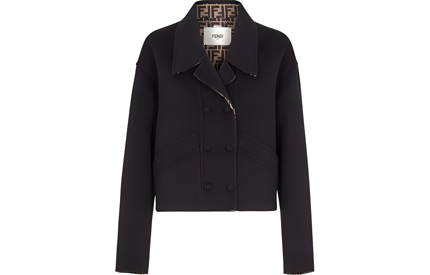 (Women) FENDI  Black Double-Breasted Jacket with Printed Lining. FJ7089A5HDF0GME