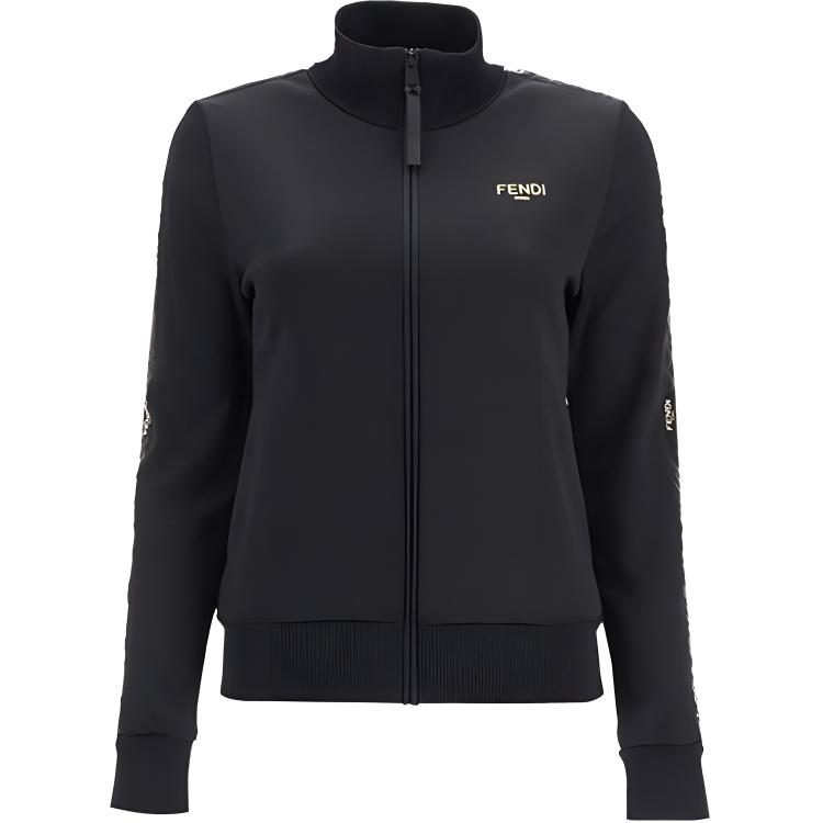 (Women) FENDI  Black Jacket with Solid Color Logo Print and Stand Collar. FAF069AERQF0GME