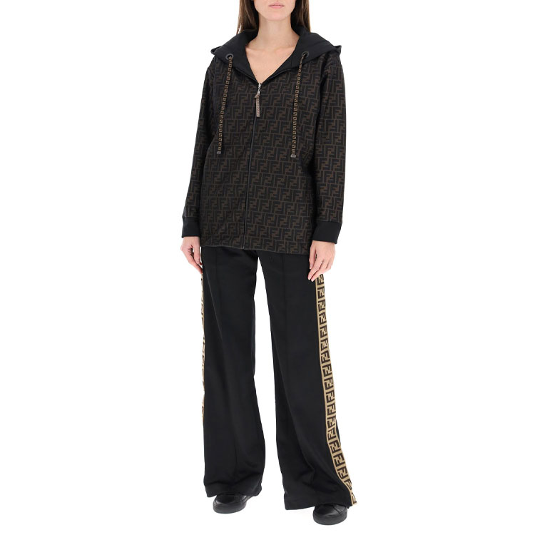 Lookbook (W) FENDI 黑色印花中腰喇叭針織慢跑褲。 FAB203ADH8F0GME