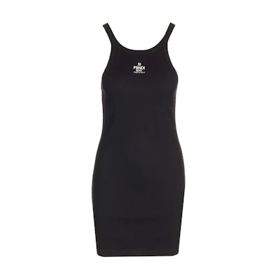 (Women) FENDI Black Sleeveless Casual Dress with Logo Embroidery. FS9617ANQMF0GME