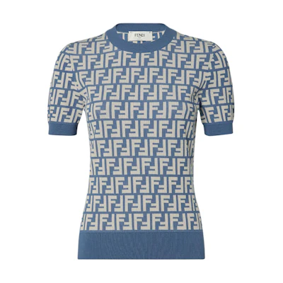 (Women) FENDI Blue Cotton Crewneck Short Sleeve Knit Sweater SS25. FZXC72AUHWF1SB5