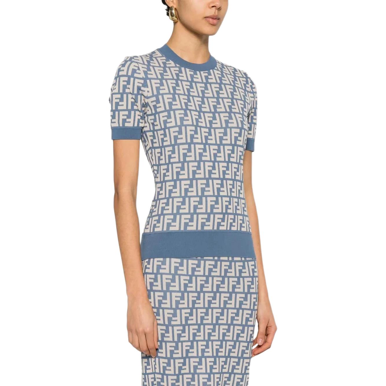 Shop (Women) FENDI  Blue Cotton Crewneck Short Sleeve Knit Sweater SS25. FZXC72AUHWF1SB5