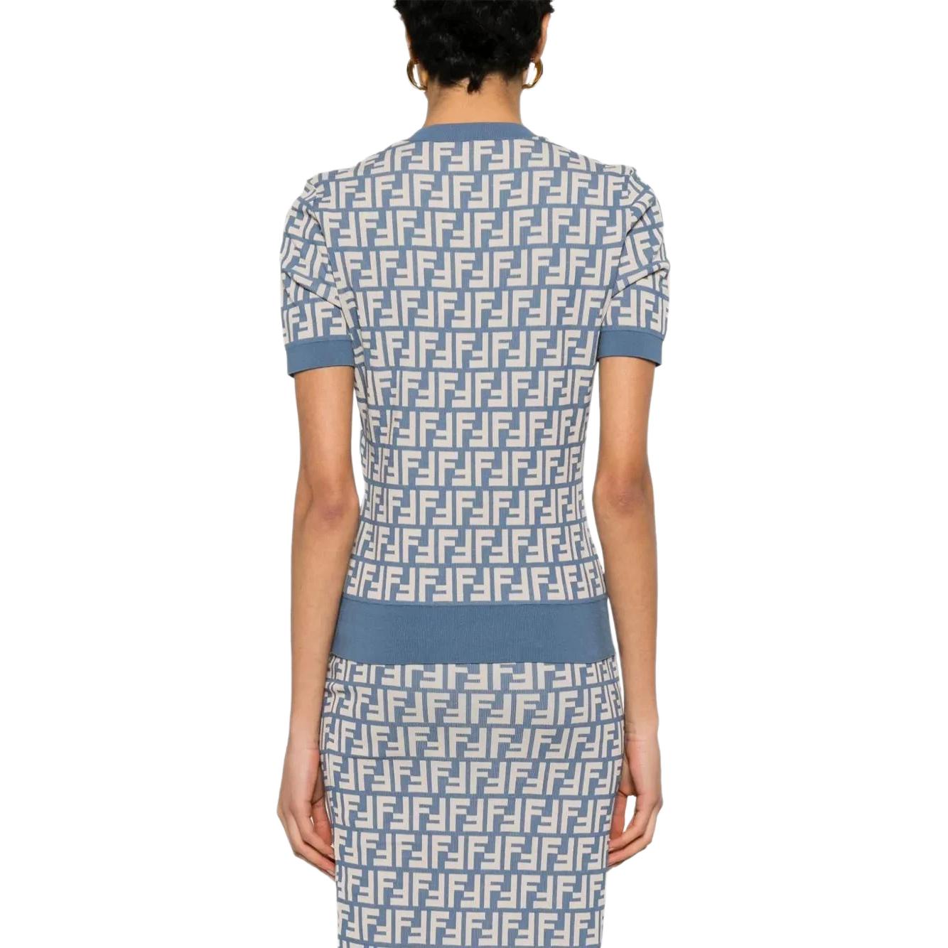 Purchase (Women) FENDI  Blue Cotton Crewneck Short Sleeve Knit Sweater SS25. FZXC72AUHWF1SB5