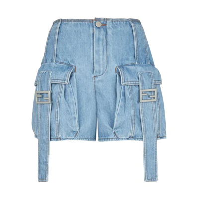 (Women) FENDI Blue Denim Fade Effect Utility Shorts. FLP792ANP1F1KE5