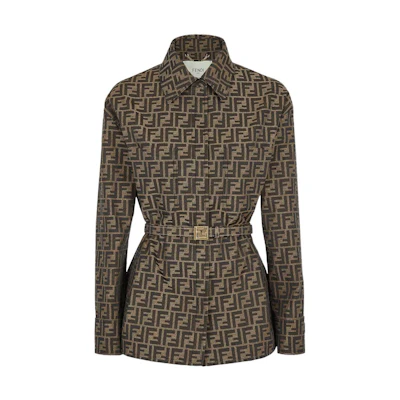 (Women) FENDI Brown Logo Print Belted Jacket FW22 Collection FJ7267A5W3F118W