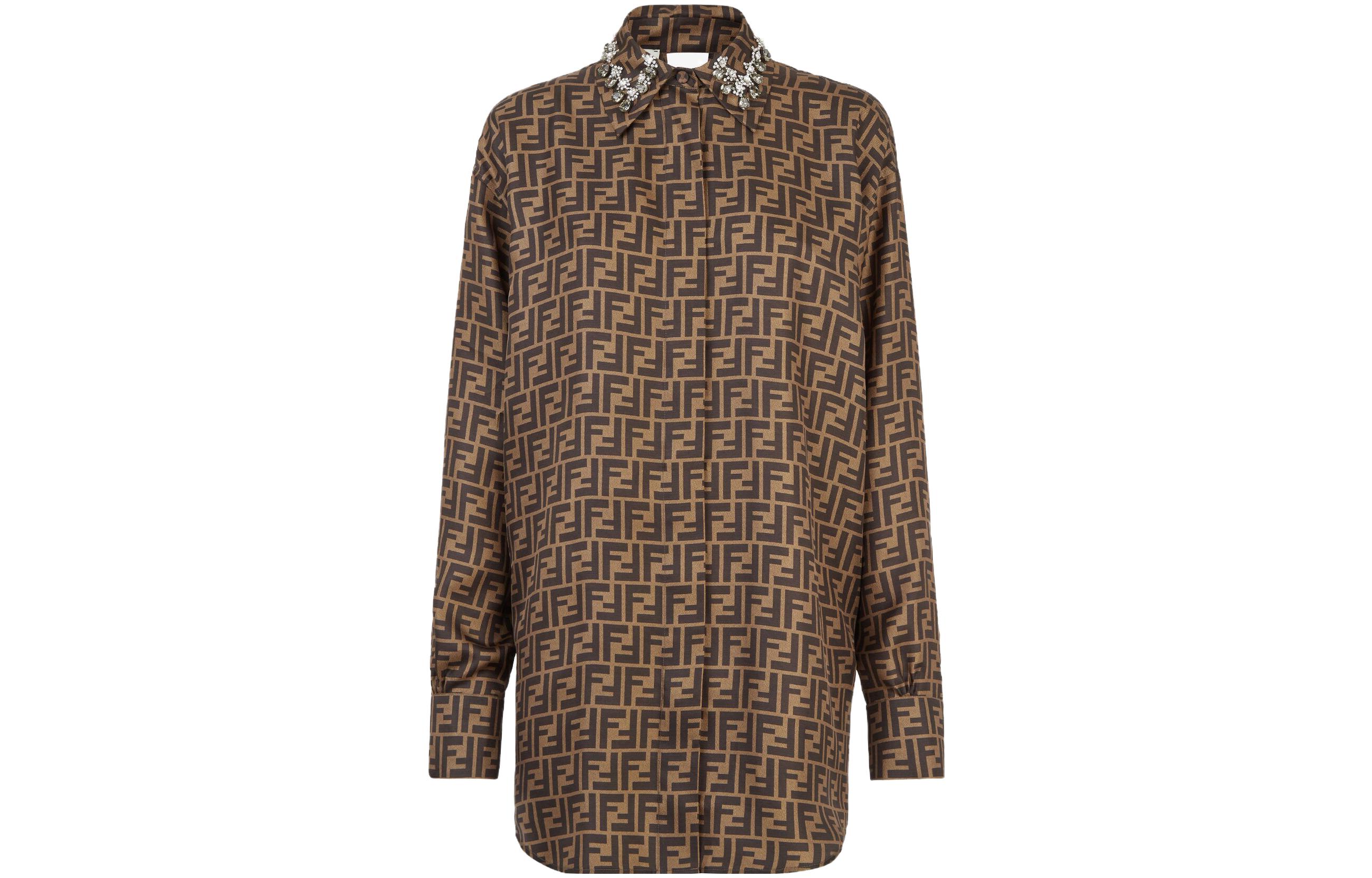 (Women) FENDI  Brown Logo Print Long-Sleeve Shirt Dress. FDC984A8G3F118W