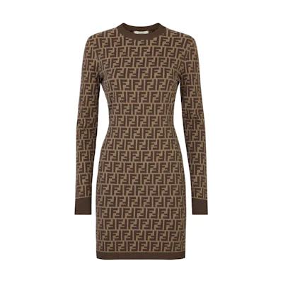 (Women) FENDI Brown Long Sleeve Mini Dress with Logo Crewneck. FZDC83ASJTF0GGE