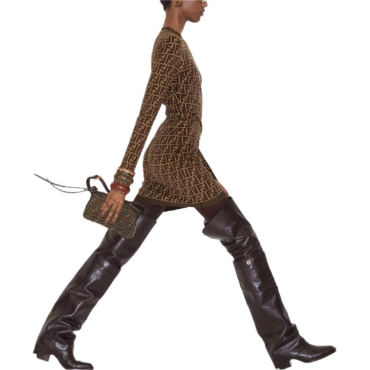 Shop (W) FENDI 棕色长袖迷你连衣裙 Logo圆领设计. FZDC83ASJTF0GGE