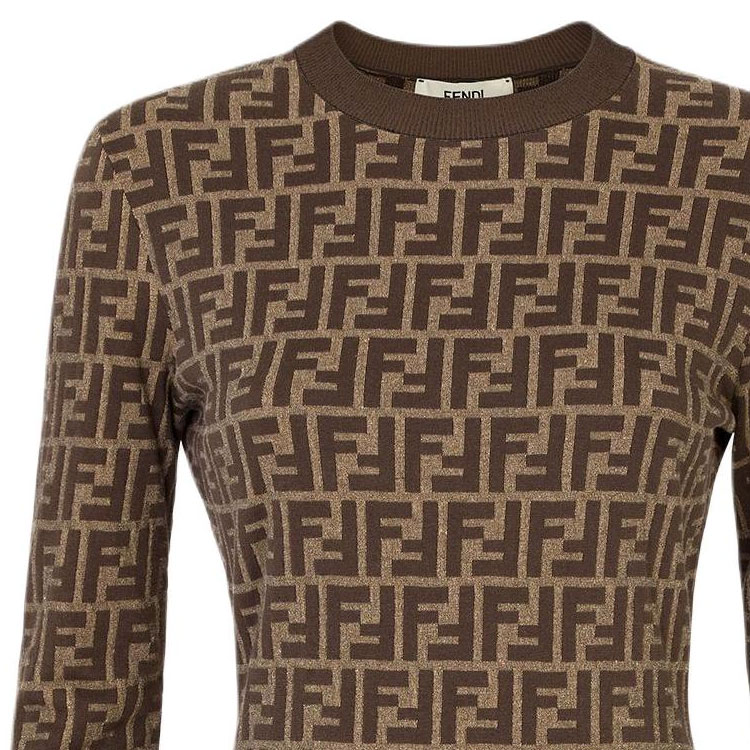 Details for (W) FENDI 棕色长袖迷你连衣裙 Logo圆领设计. FZDC83ASJTF0GGE