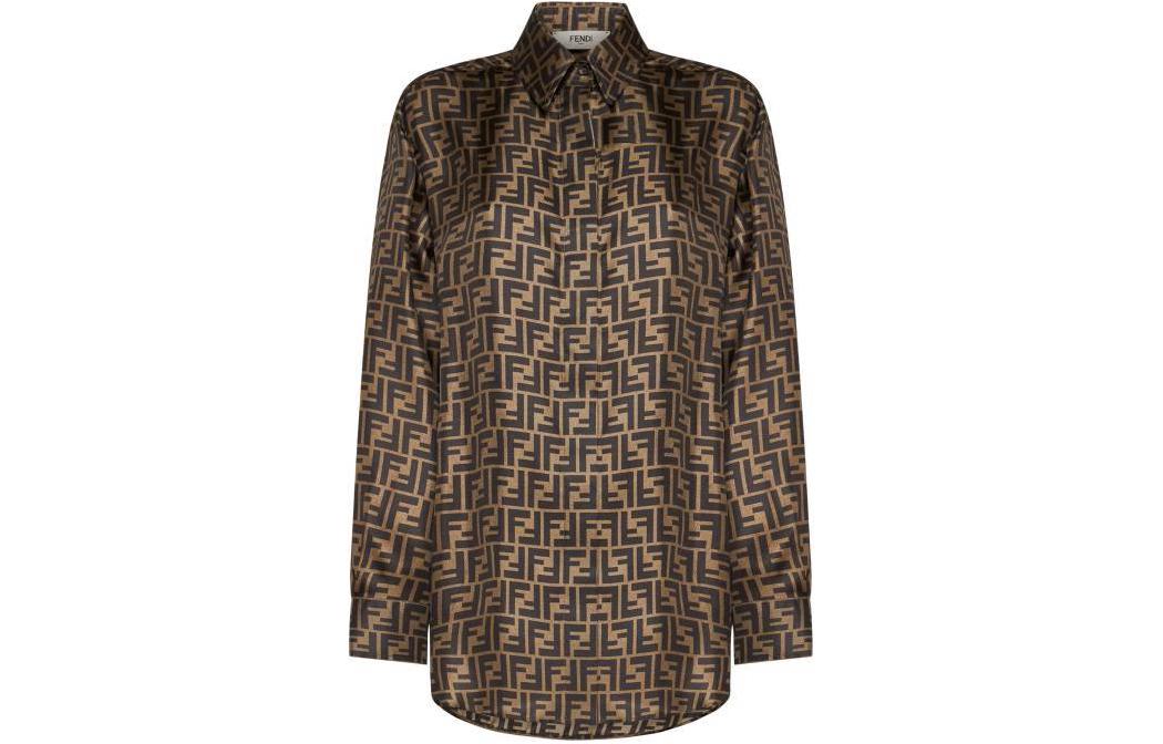 (Women) FENDI  Brown Monogram Button-Up Long Sleeve Shirt. FS8107A8G3F118W