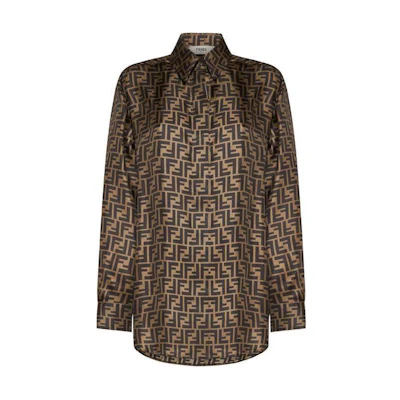 (Women) FENDI Brown Monogram Button-Up Long Sleeve Shirt. FS8107A8G3F118W