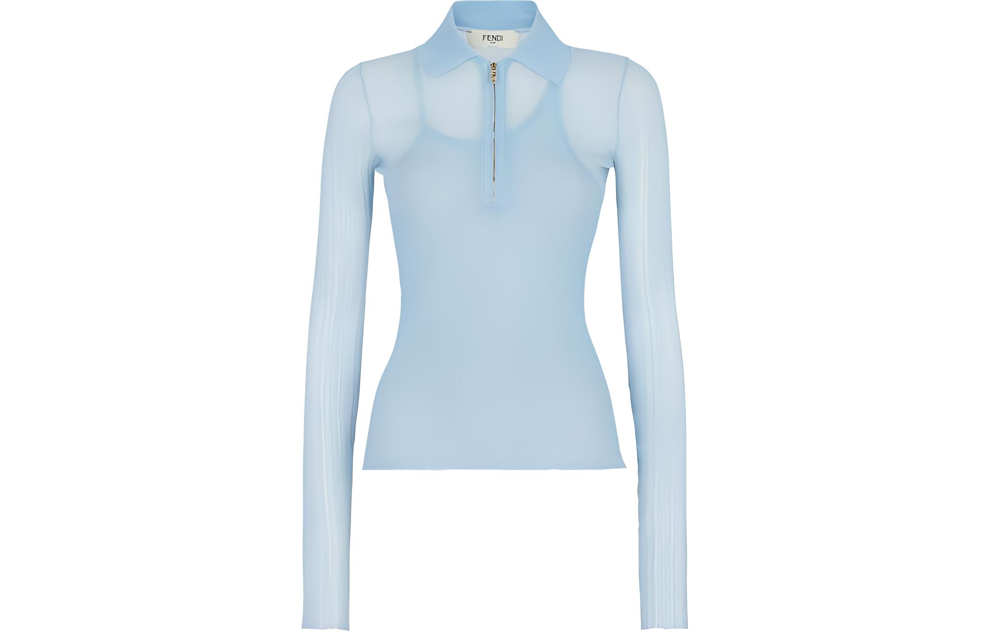 (Women) FENDI  Fitted Long Sleeve Polo Shirt with Zip Collar in Blue. FZXA39AQ42F1M29