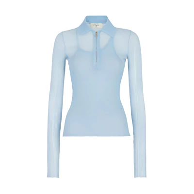 (Women) FENDI Fitted Long Sleeve Polo Shirt with Zip Collar in Blue. FZXA39AQ42F1M29