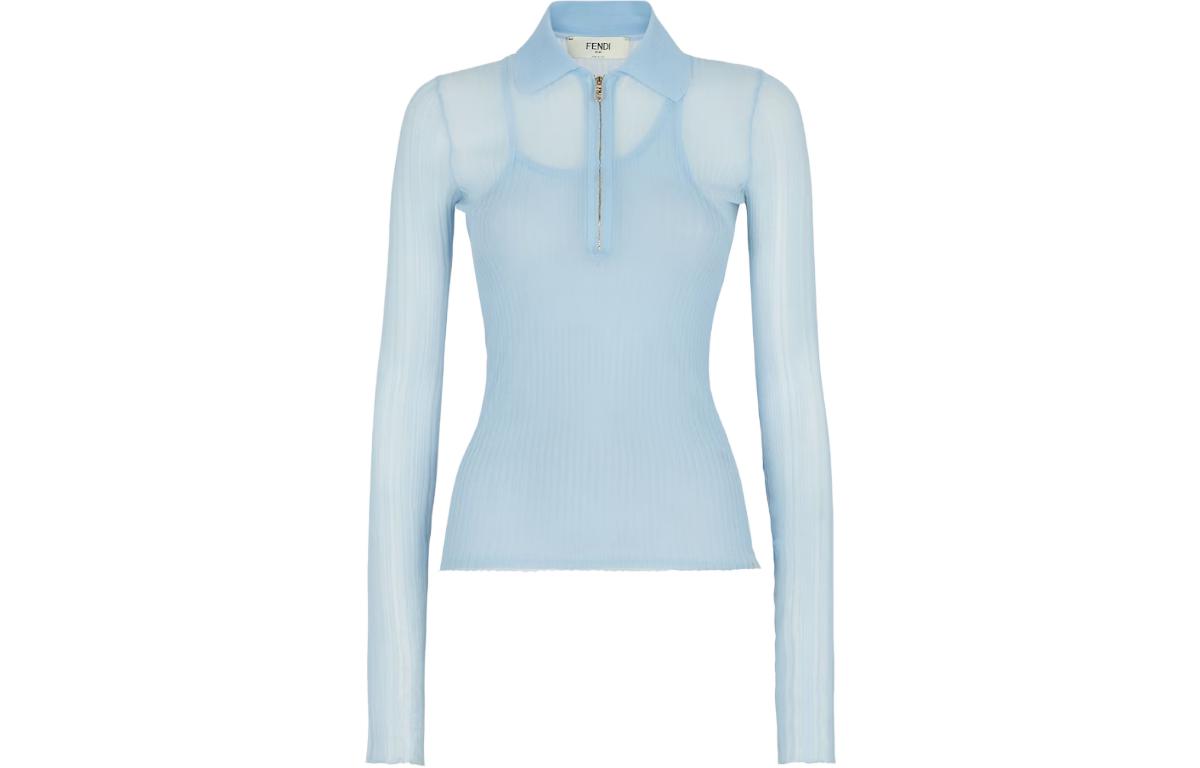 Order (W) FENDI Polo Ajustado de Manga Larga con Cremallera en Azul. FZXA39AQ42F1M29