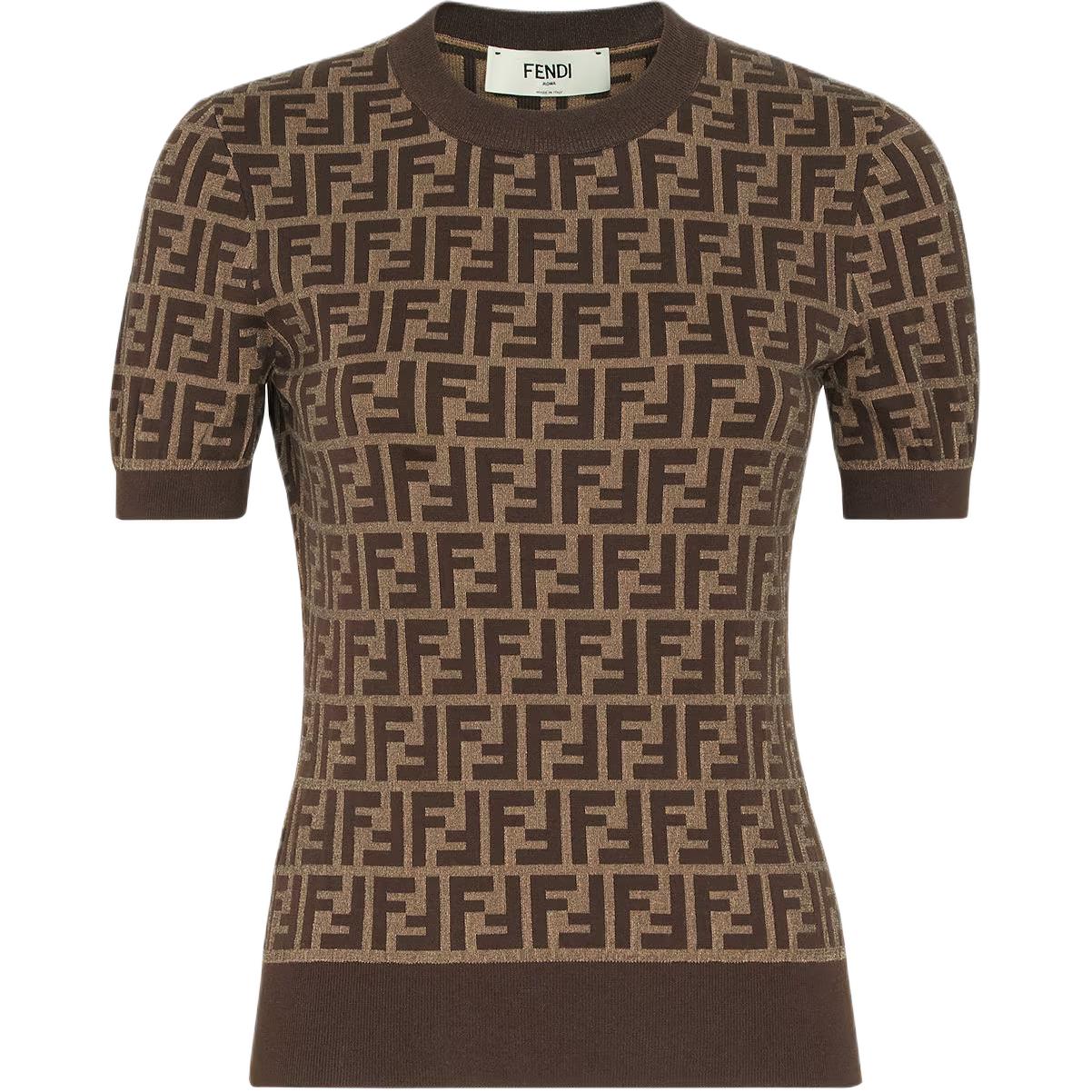 (Women) FENDI  FW24 Logo Knit Slim Fit Brown Short-Sleeve Top. FZXC72ASJTF0GGE