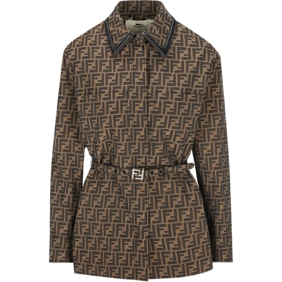 (Women) FENDI  FW24 Logo Print Belted Long Sleeve Jacket - Brown. FJ7564A5W3F118W