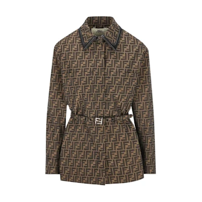 (Women) FENDI FW24 Logo Print Belted Long Sleeve Jacket - Brown. FJ7564A5W3F118W