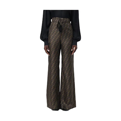 (Women) FENDI Gray Mid-Rise Belted Flared Casual Pants with All-Over Print FR6537A8G3F1440