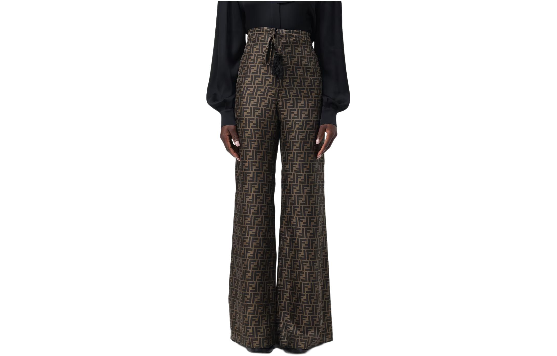 Order (W) FENDI Seluar Kelabu Mid-Rise Berikat Flared dengan Corak Keseluruhan. FR6537A8G3F1440