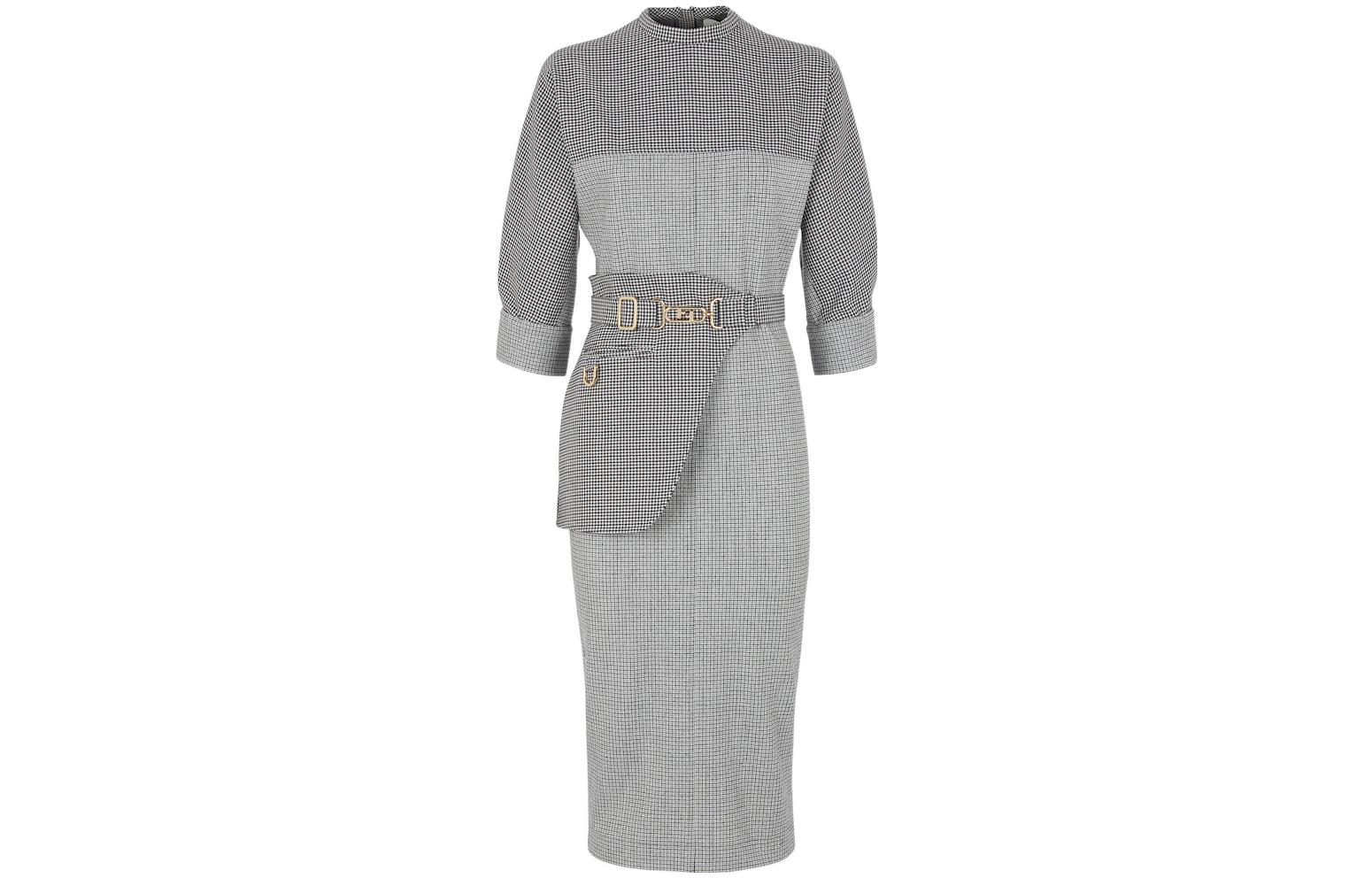 (Women) FENDI  Houndstooth Belted Waist Long Sleeve Dress Grey SS22. FDB877AKSMF1IHJ