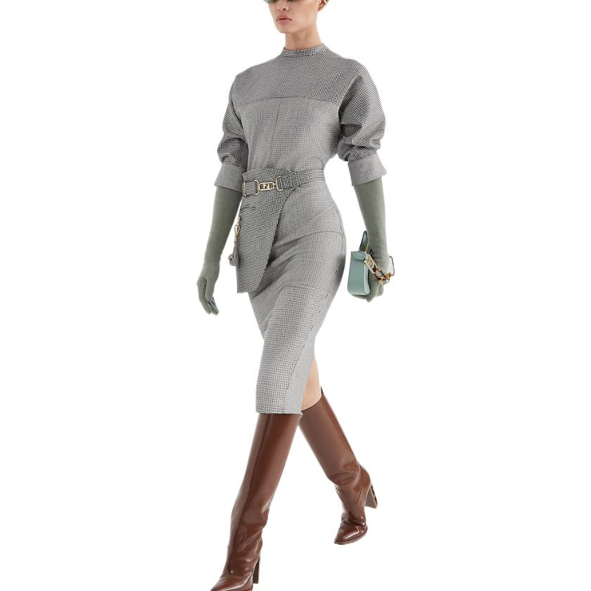 Shop (W) フェンディ ハウンドトゥース ベルト付きロングスリーブドレス グレー SS22. FDB877AKSMF1IHJ