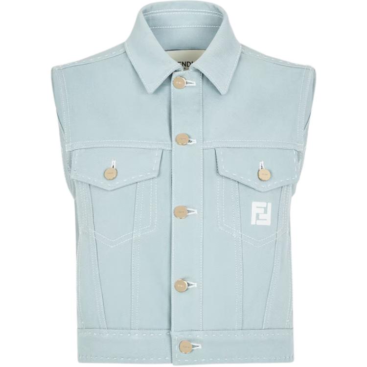 (Women) FENDI  Light Blue Denim Vest with Solid Logo and Button Design. FLF775AOE7F08S8