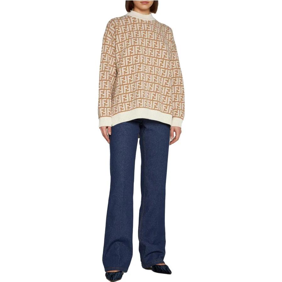 Shop (W) FENDI Logo Jacquard Knit Pullover Sweater Beige FW22. FZX862ALOJF0QU5