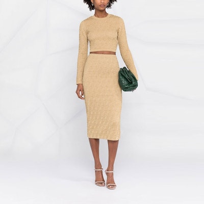 (Women) FENDI Metallic FF Pattern Knit Pullover Sweater Gold SS22. FZX816AJTIF0VT1 Lookbook (Women) FENDI Metallic FF Pattern Knit Pullover Sweater Gold SS22. FZX816AJTIF0VT1