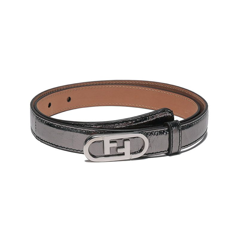 (Women) FENDI  O'Lock Narrow Leather Belt Gunmetal Grey 2cm Width. 8C0652-AISP-F0YUK【】
