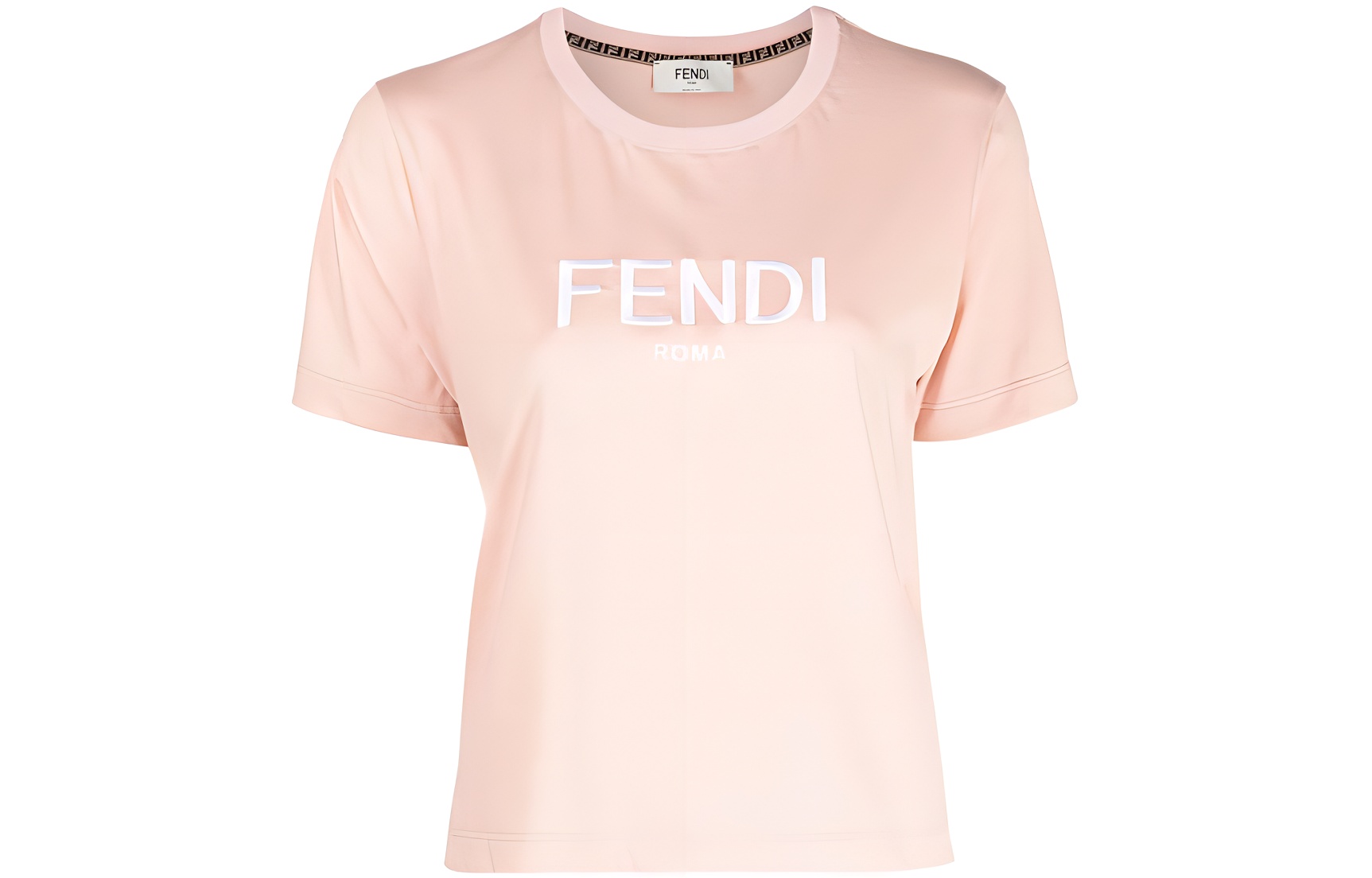 Buy (Women) FENDI  Pink Embroidered Logo Crewneck Short Sleeve T-Shirt. FS7389ALCAF1IHD