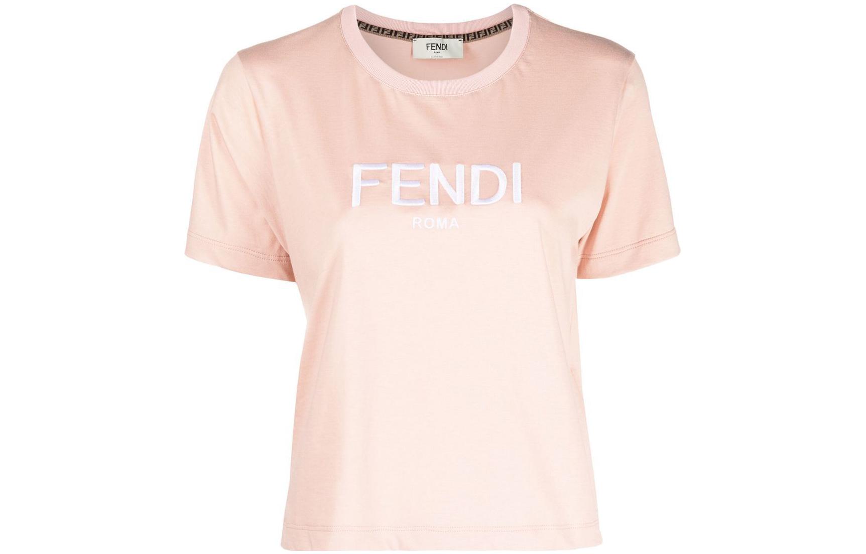 Order (Women) FENDI  Pink Embroidered Logo Crewneck Short Sleeve T-Shirt. FS7389ALCAF1IHD