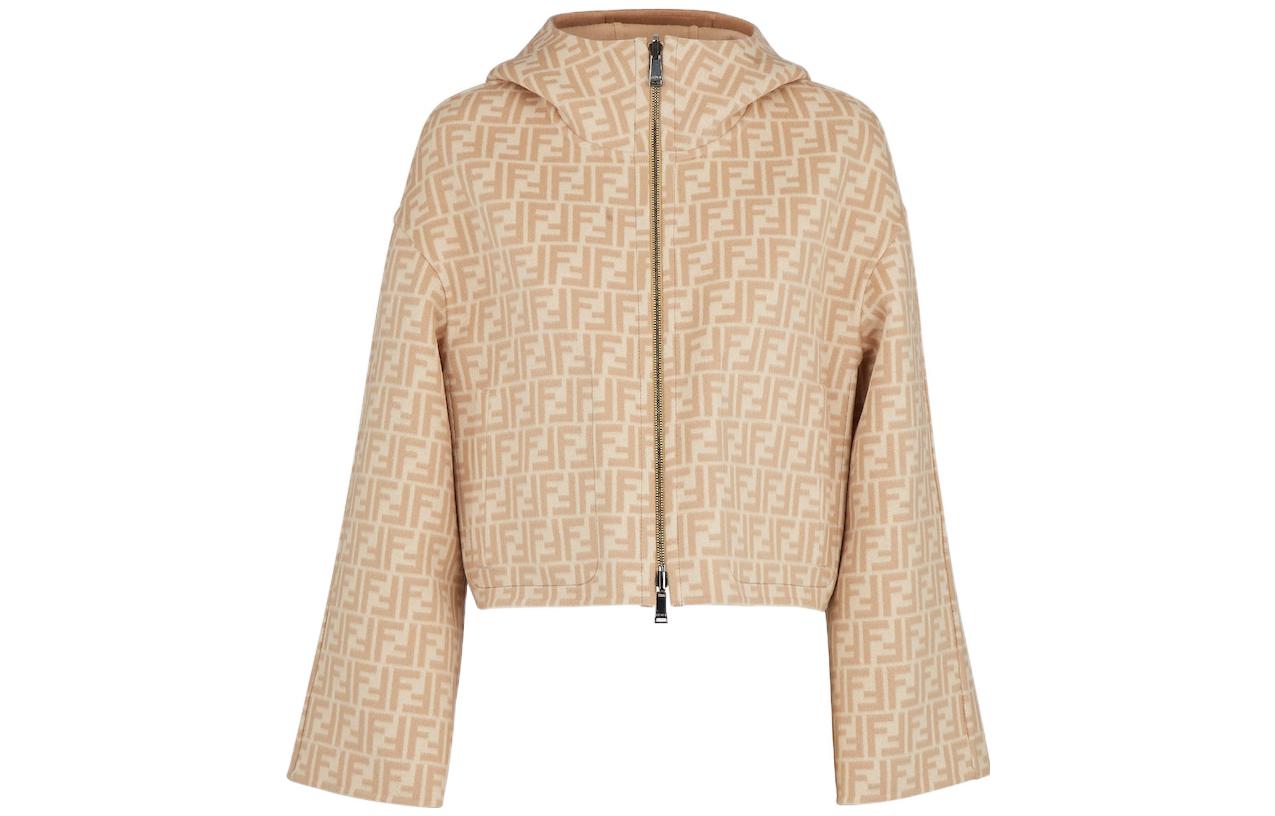 Shop (W) FENDI 雙面拉鍊連帽外套 米色/棕色 FJ6993A5HDF1BW7